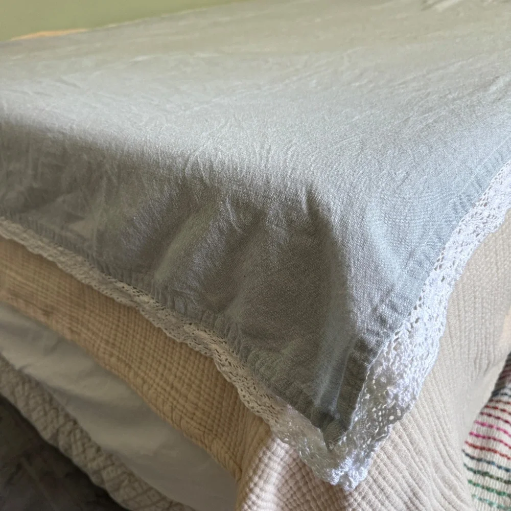VTG Shabby Chic Table Cloth Twin Sheet Blue Cotton Crochet Lace Trim 52x80